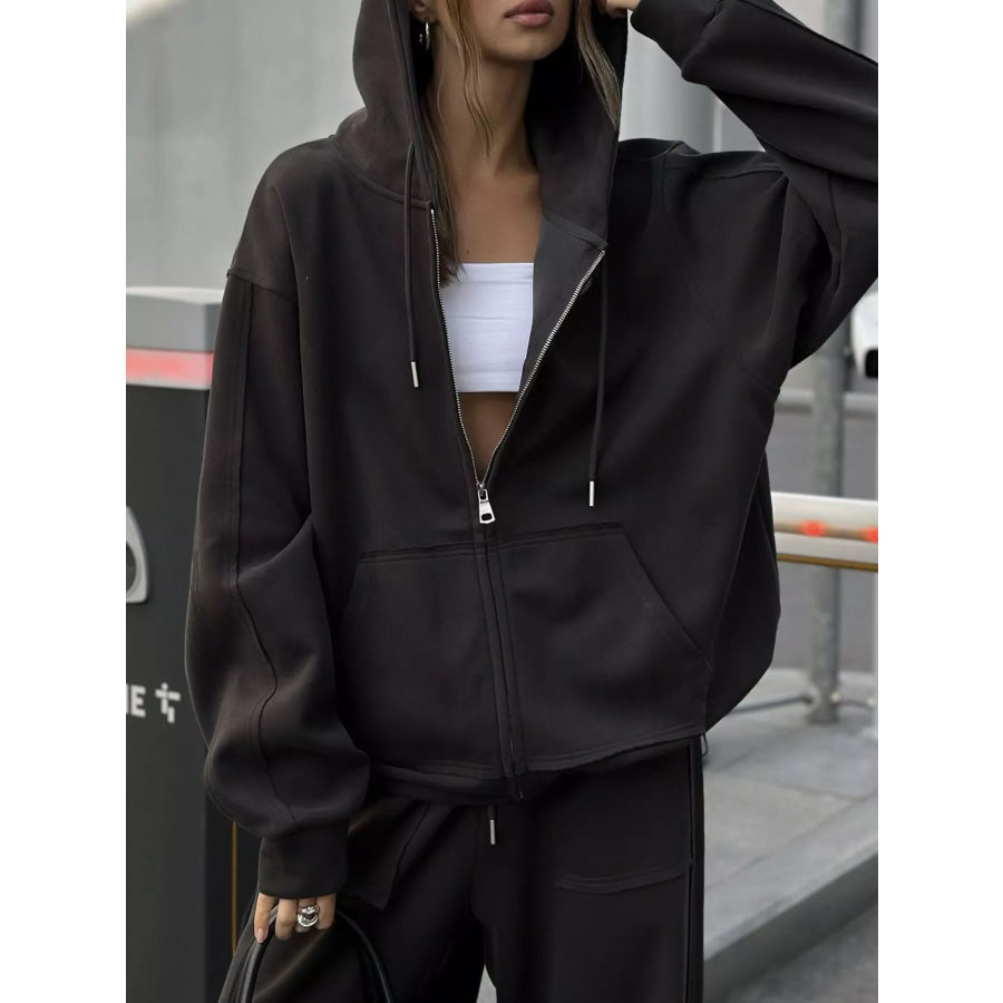 Oversized Zip-Up Hoodie and Wide-Leg Pants Set Black / S Apparel and Accessories