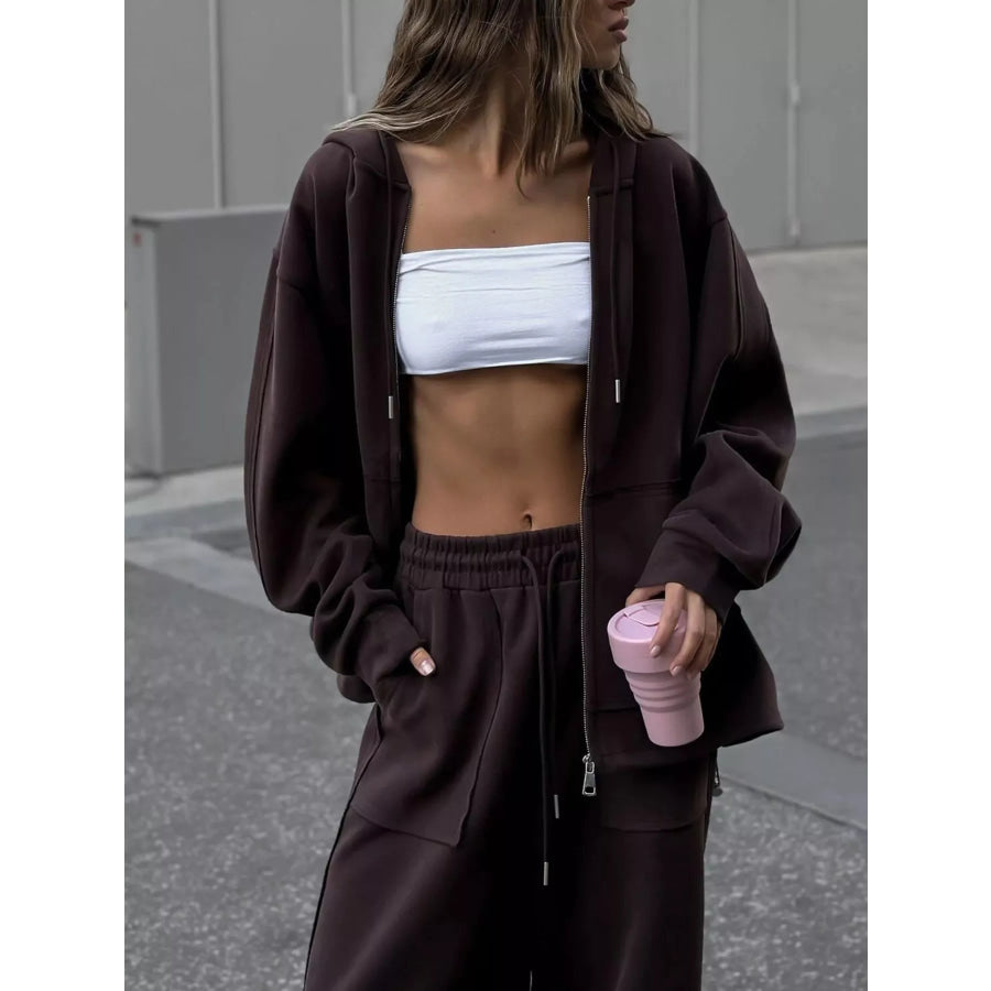 Oversized Zip-Up Hoodie and Wide-Leg Pants Set Brown / S Apparel and Accessories