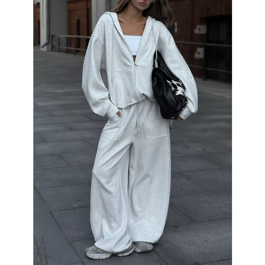 Oversized Zip-Up Hoodie and Wide-Leg Pants Set Light Gray / S Apparel and Accessories
