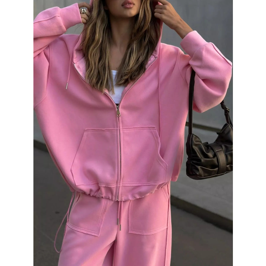 Oversized Zip-Up Hoodie and Wide-Leg Pants Set Pink / S Apparel and Accessories