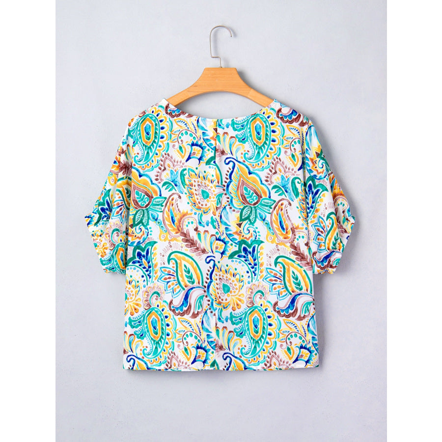Paisley Floral Printed Puff Sleeve Blouse Apparel and Accessories