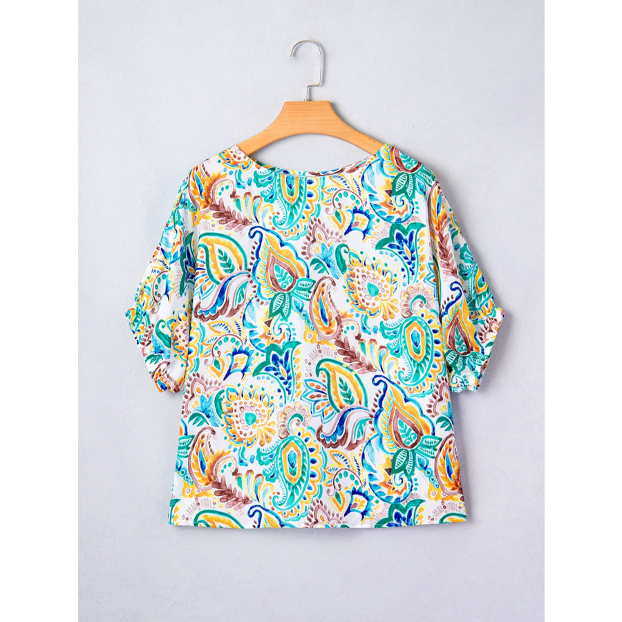 Paisley Floral Printed Puff Sleeve Blouse Apparel and Accessories