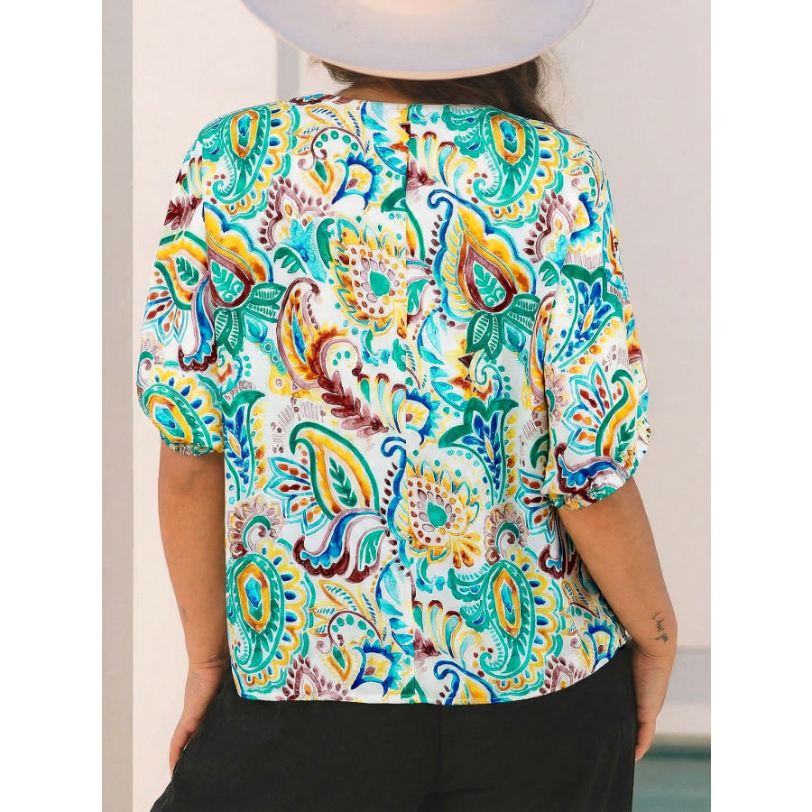 Paisley Floral Printed Puff Sleeve Blouse Apparel and Accessories