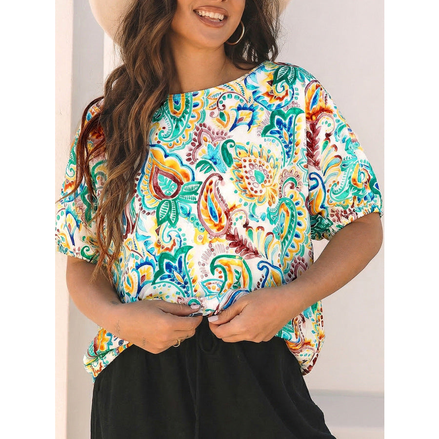 Paisley Floral Printed Puff Sleeve Blouse Teal / S Apparel and Accessories