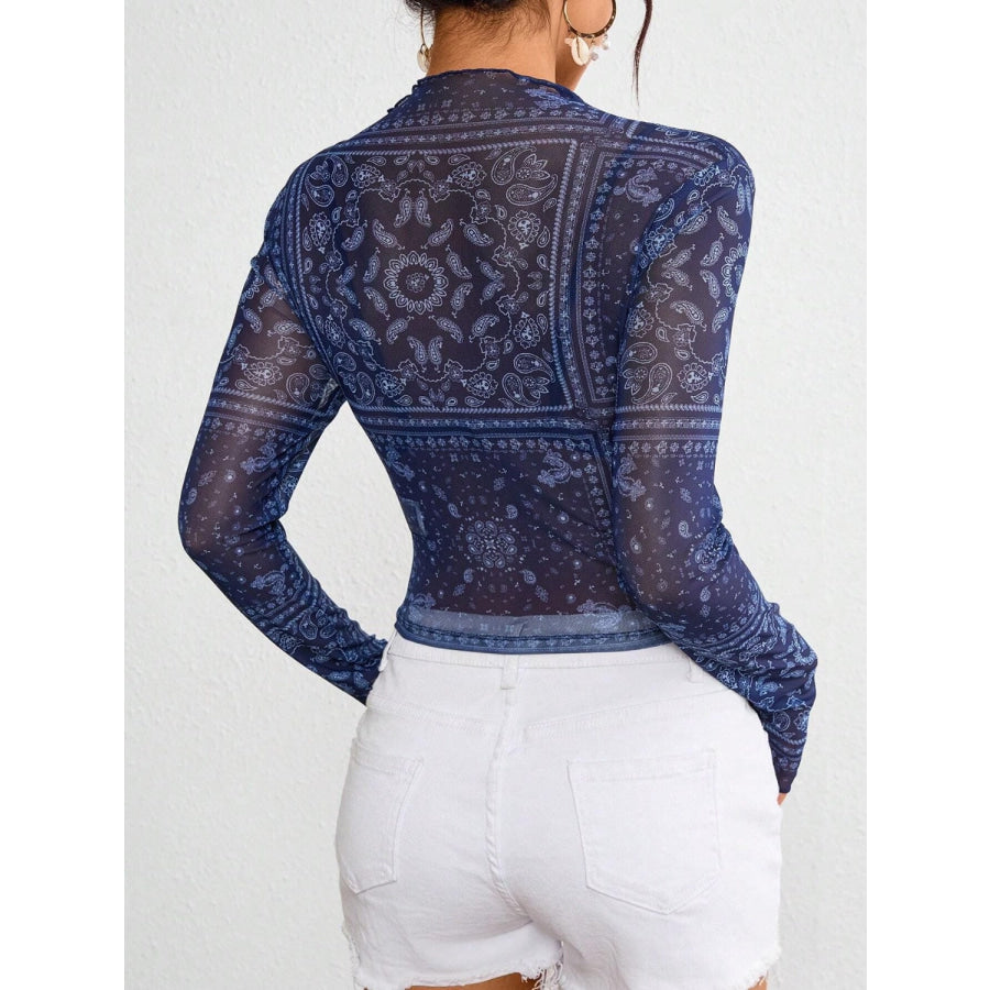 Paisley Mock Neck Long Sleeve Sheer Top Apparel and Accessories