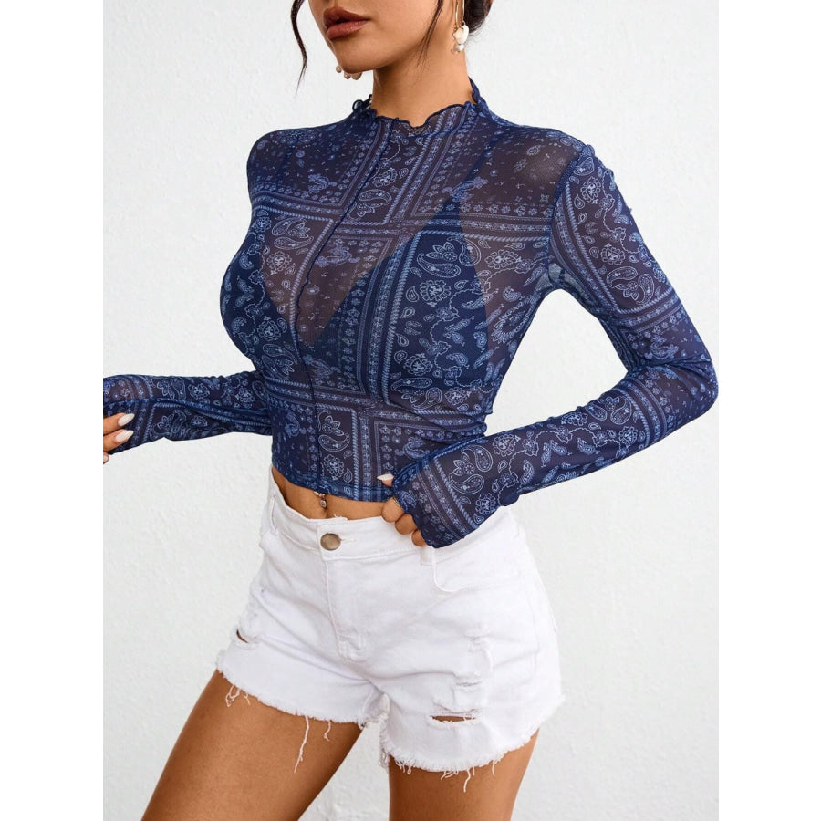 Paisley Mock Neck Long Sleeve Sheer Top Apparel and Accessories