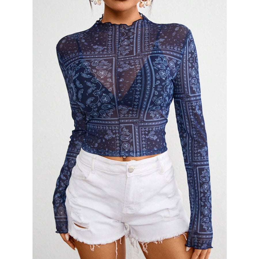 Paisley Mock Neck Long Sleeve Sheer Top Apparel and Accessories