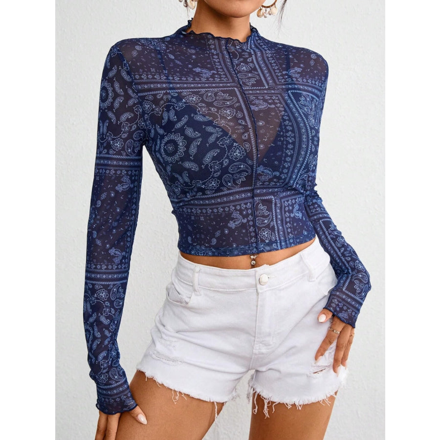 Paisley Mock Neck Long Sleeve Sheer Top Apparel and Accessories