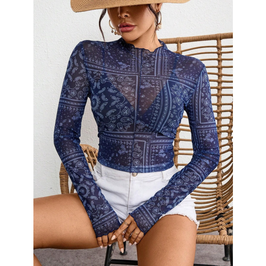 Paisley Mock Neck Long Sleeve Sheer Top Dark Blue / S Apparel and Accessories