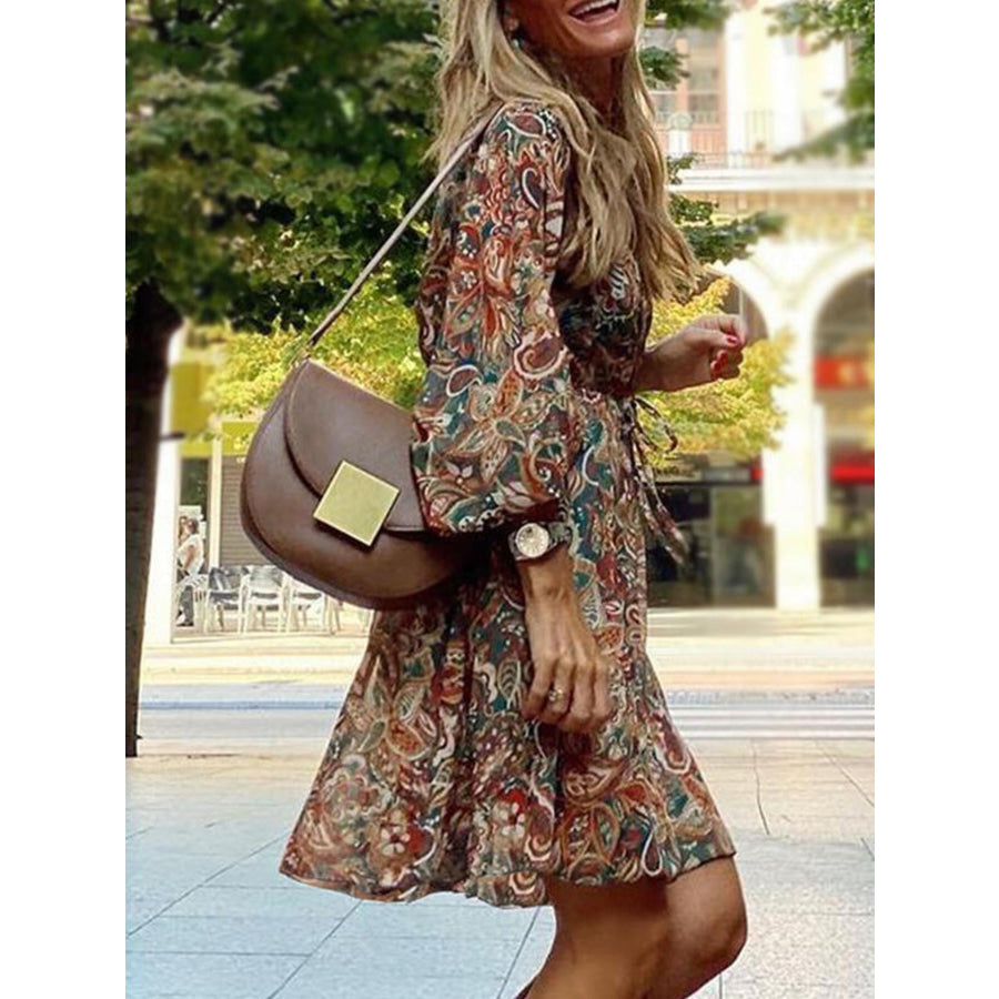 Paisley Print Balloon Sleeve Mini Dress Apparel and Accessories