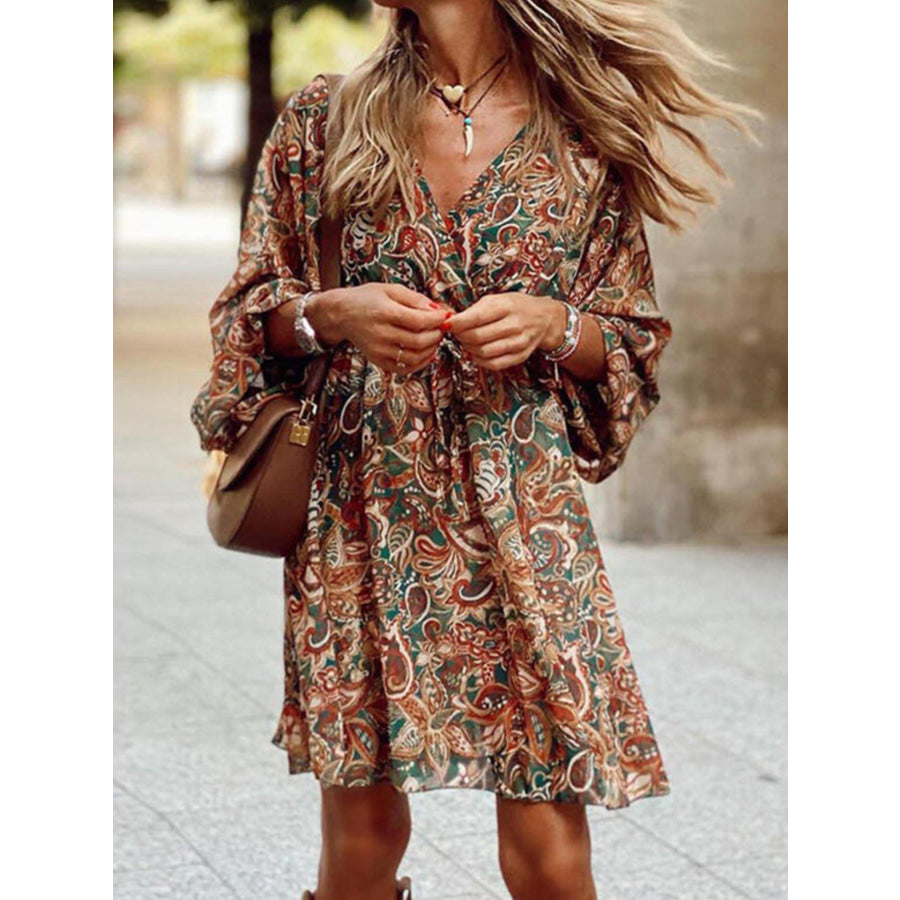 Paisley Print Balloon Sleeve Mini Dress Brown / S Apparel and Accessories