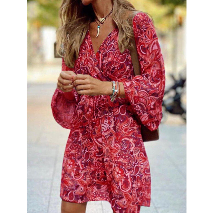 Paisley Print Balloon Sleeve Mini Dress Red / S Apparel and Accessories