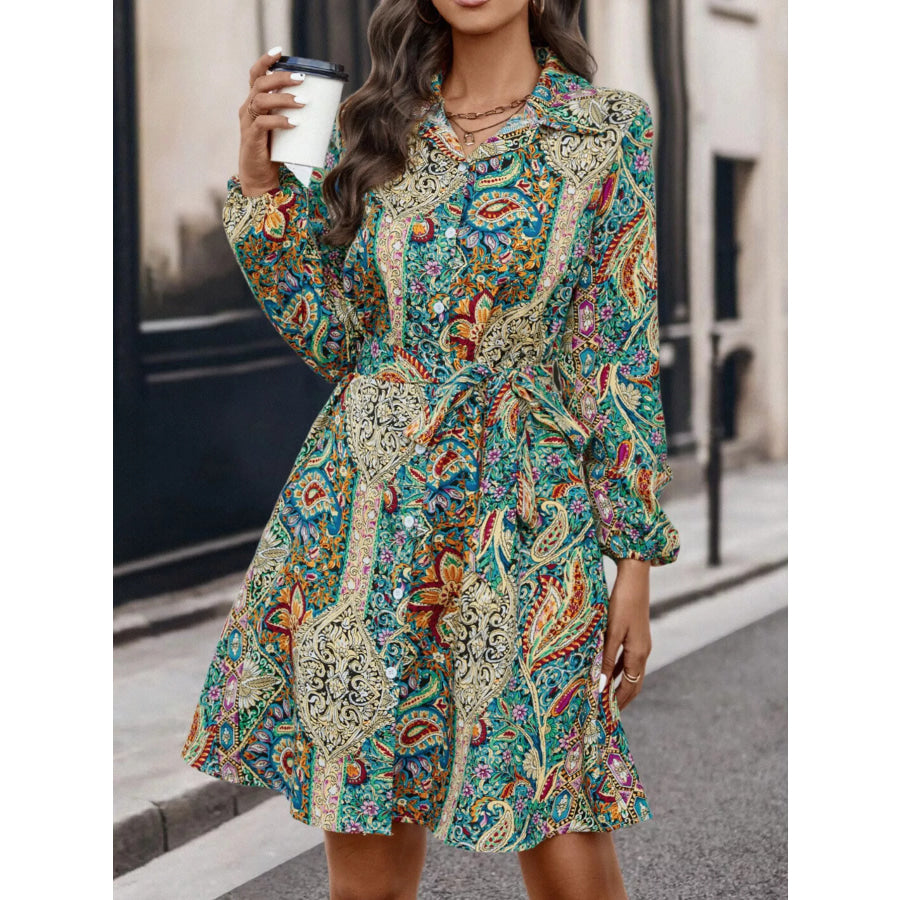 Paisley Print Button-Down Shirt Dress Green / S Apparel and Accessories