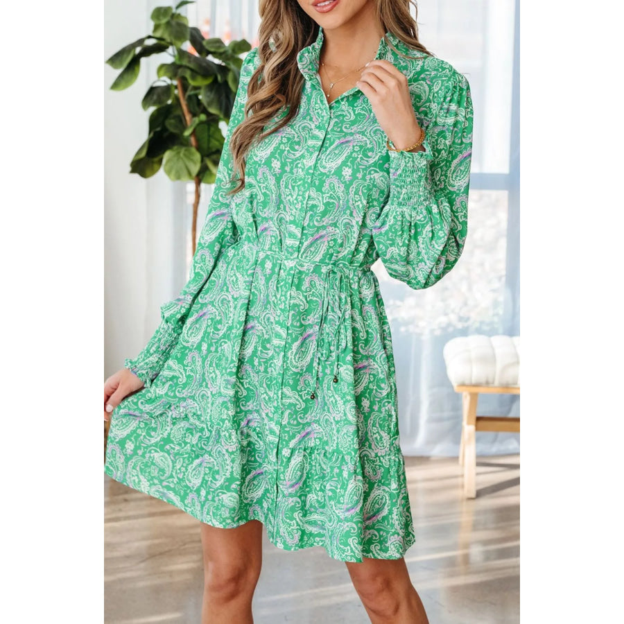 Paisley Print Button-Up Mini Dress with Smocked Cuffs Gum Leaf / S Apparel and Accessories