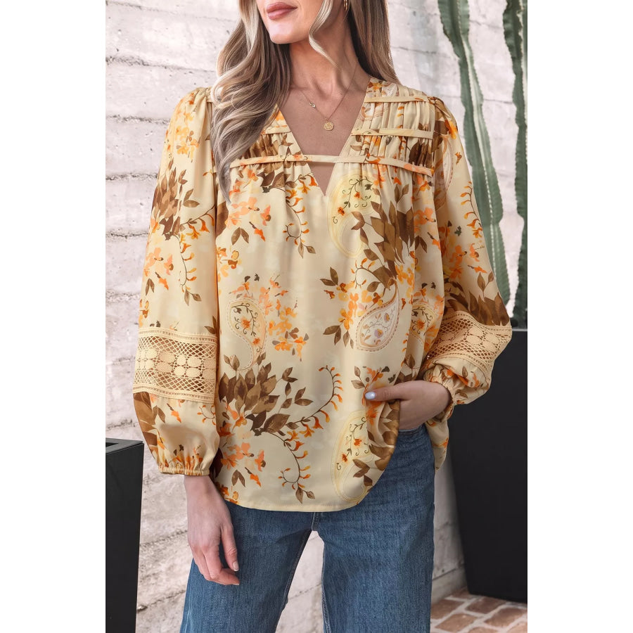 Paisley Print Decorative Binding Tape V Neck Shift Blouse Apparel and Accessories