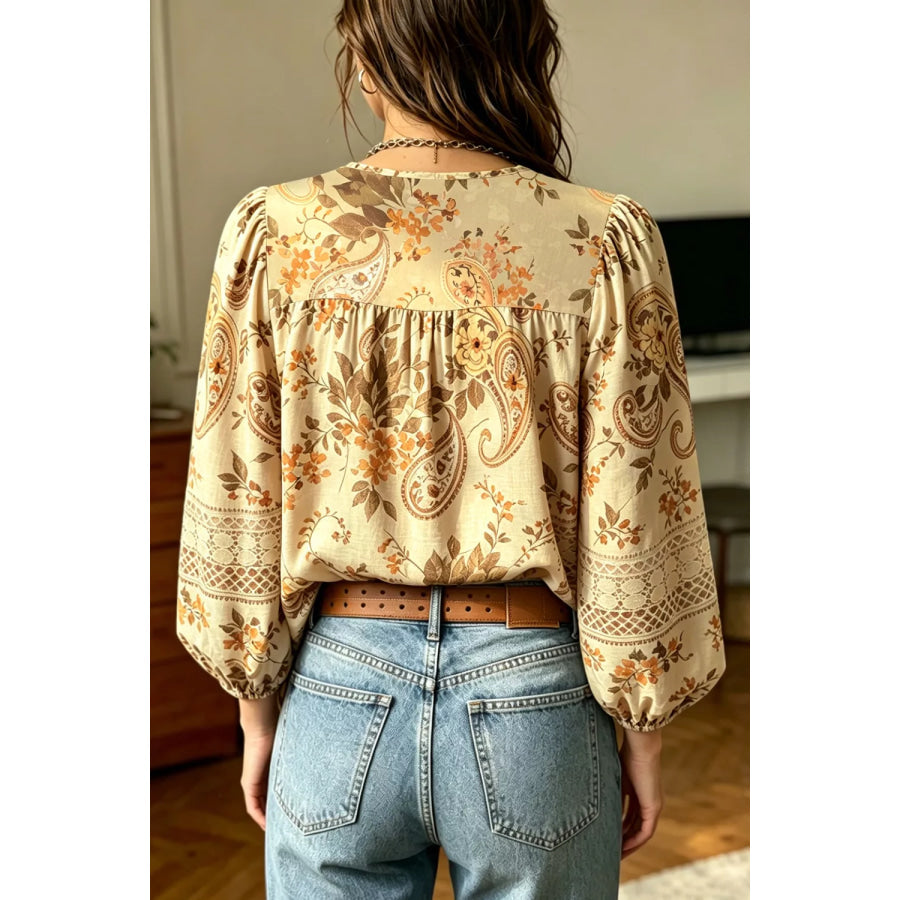 Paisley Print Decorative Binding Tape V Neck Shift Blouse Apparel and Accessories