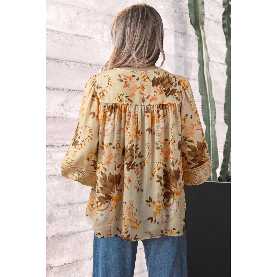Paisley Print Decorative Binding Tape V Neck Shift Blouse Apparel and Accessories