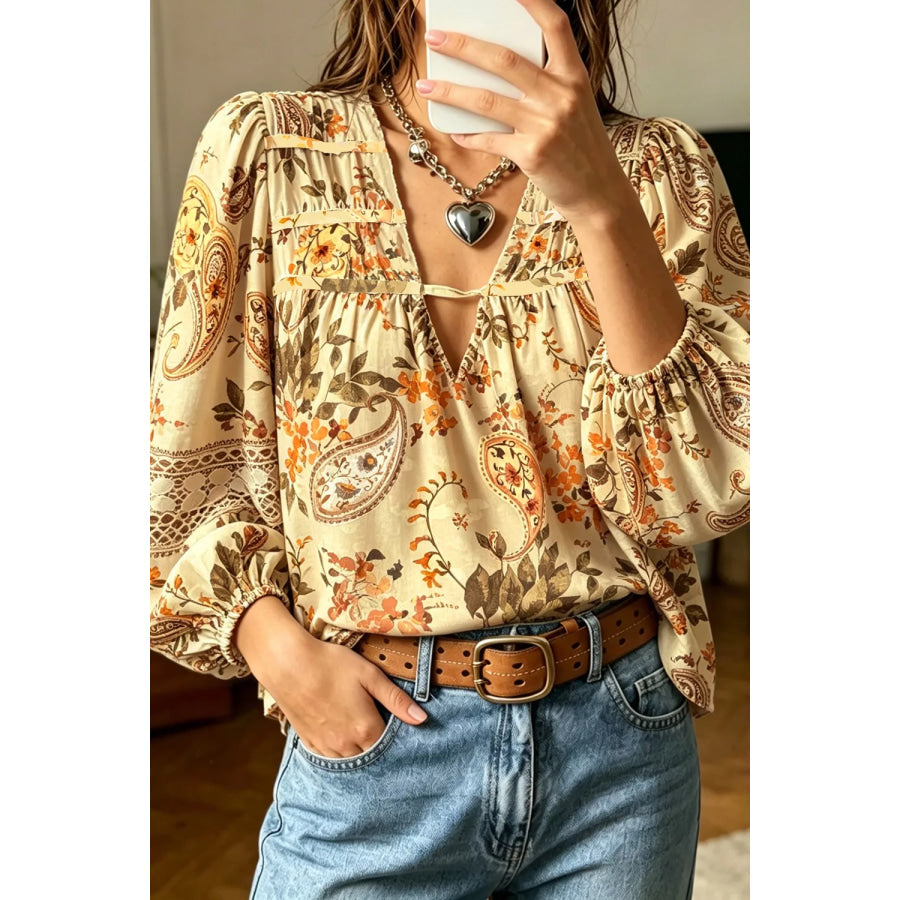 Paisley Print Decorative Binding Tape V Neck Shift Blouse Pastel Yellow / S Apparel and Accessories