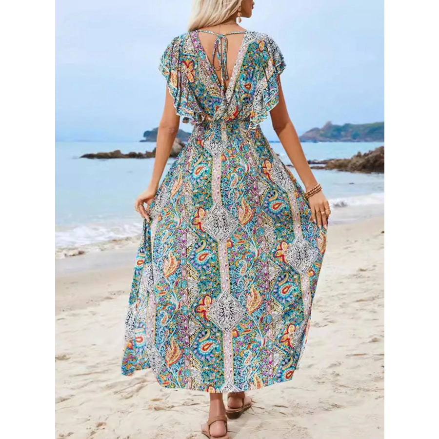 Paisley Print Flutter Sleeve Smocked Maxi Dress Apparel and Accessories