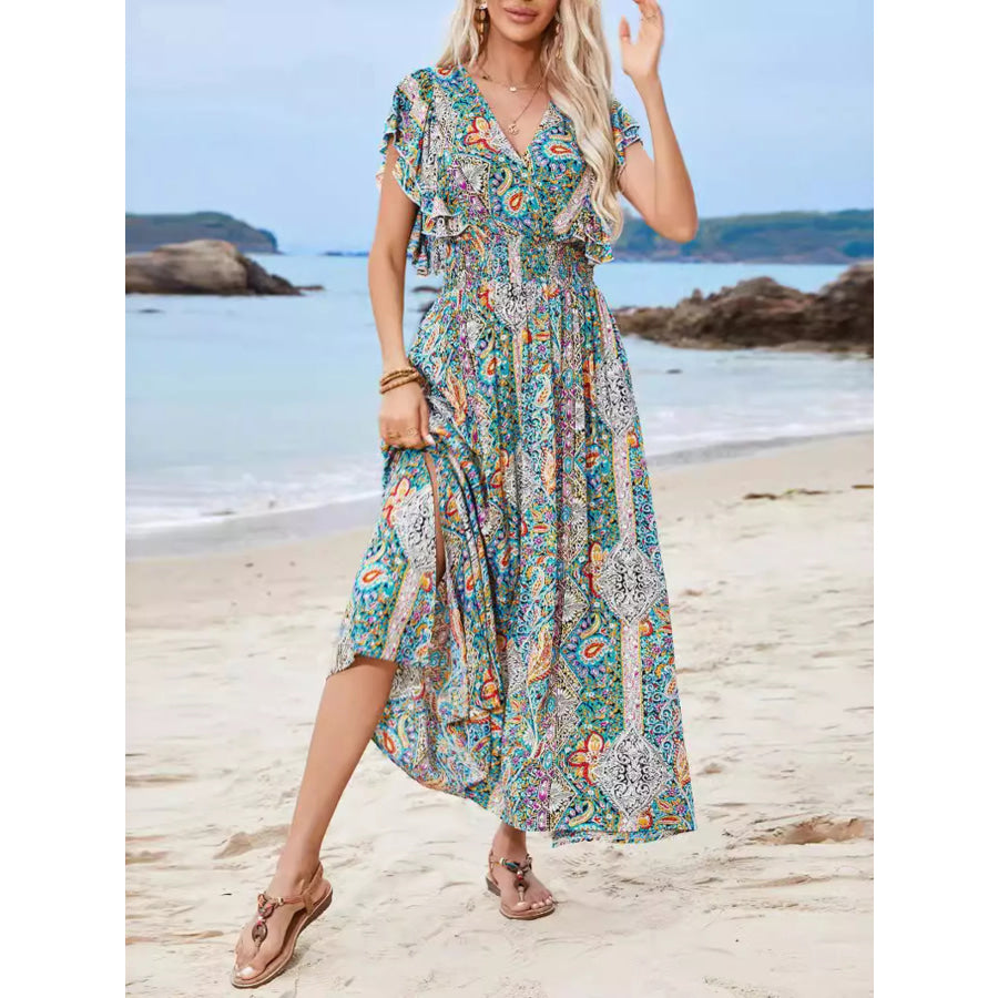 Paisley Print Flutter Sleeve Smocked Maxi Dress Multicolor / S Apparel and Accessories