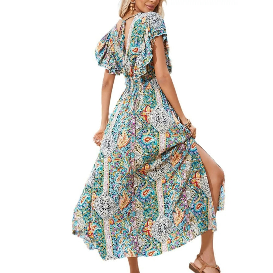 Paisley Print Flutter Sleeve Smocked Maxi Dress Apparel and Accessories