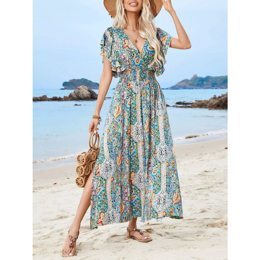 Paisley Print Flutter Sleeve Smocked Maxi Dress Multicolor / S Apparel and Accessories
