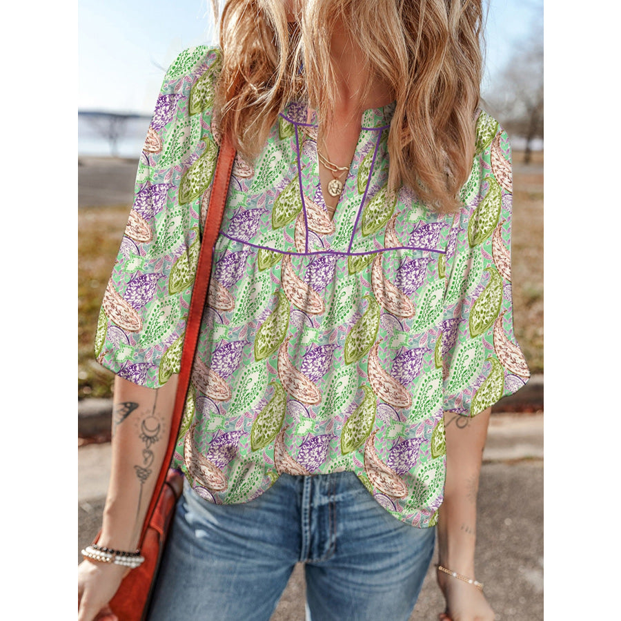 Paisley Print Half Puff Sleeve Blouse Sage / S Apparel and Accessories