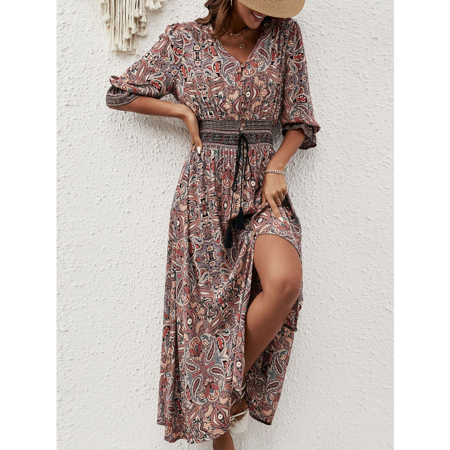 Paisley Print Half Sleeve Slit Midi Dress Apparel and Accessories