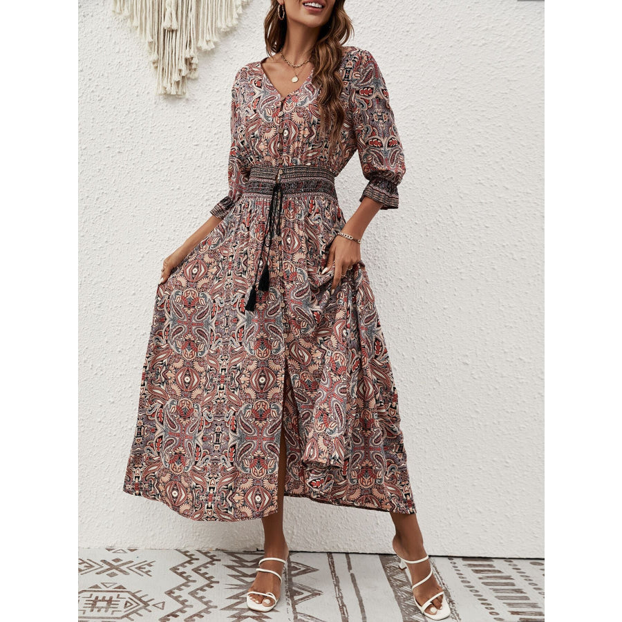 Paisley Print Half Sleeve Slit Midi Dress Apparel and Accessories