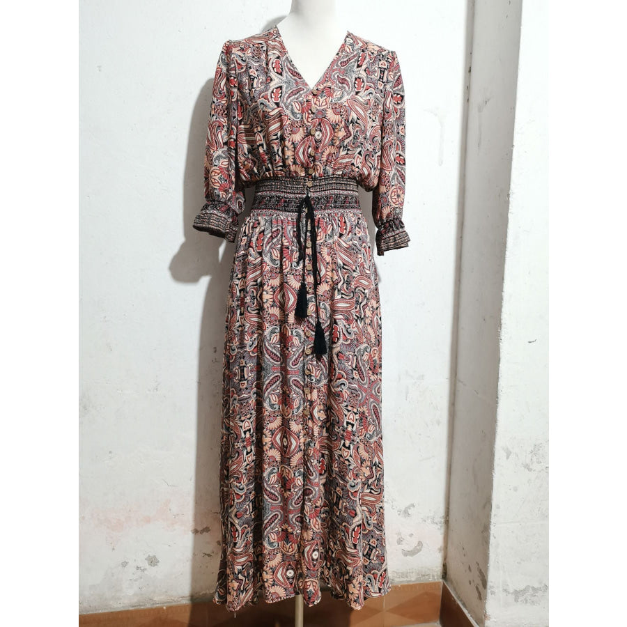 Paisley Print Half Sleeve Slit Midi Dress Apparel and Accessories