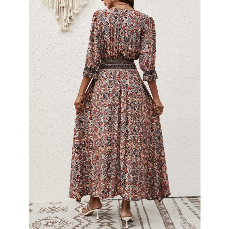 Paisley Print Half Sleeve Slit Midi Dress Apparel and Accessories