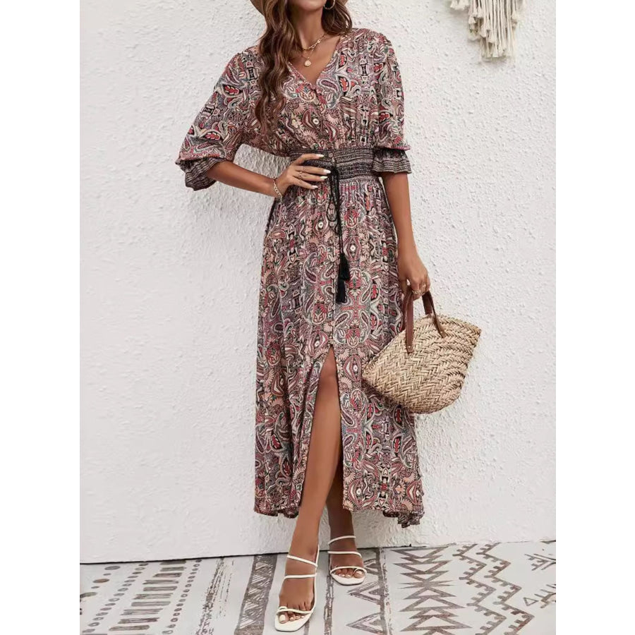 Paisley Print Half Sleeve Slit Midi Dress Apparel and Accessories