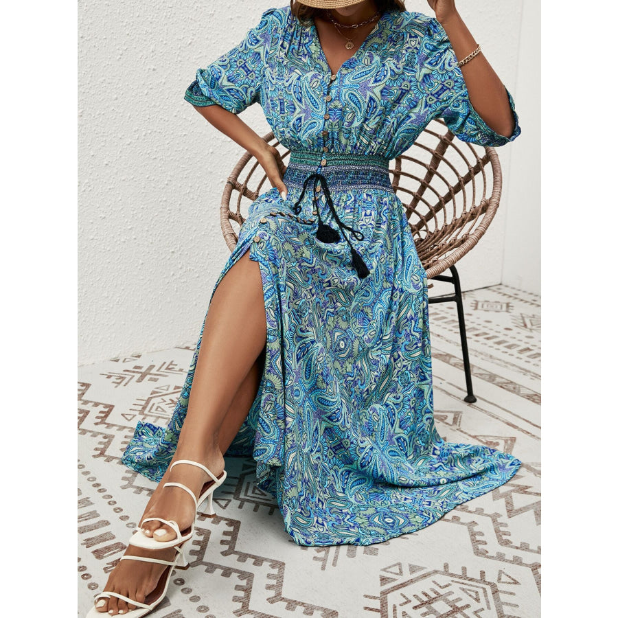 Paisley Print Half Sleeve Slit Midi Dress Apparel and Accessories