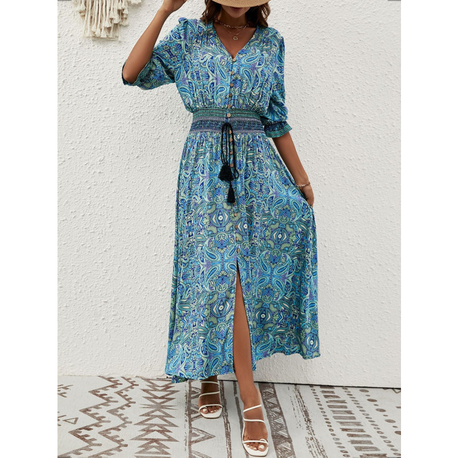 Paisley Print Half Sleeve Slit Midi Dress Apparel and Accessories