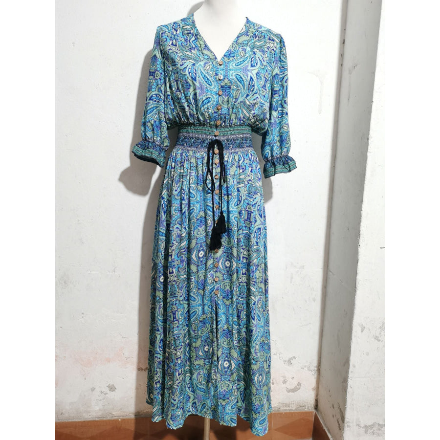 Paisley Print Half Sleeve Slit Midi Dress Apparel and Accessories