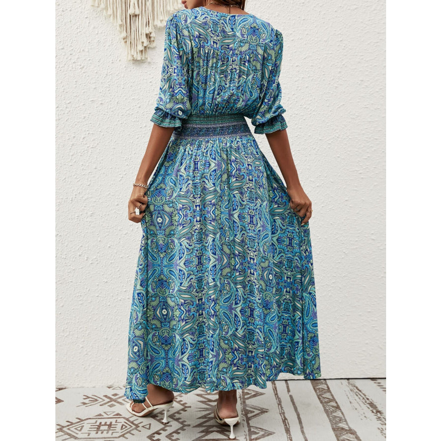 Paisley Print Half Sleeve Slit Midi Dress Apparel and Accessories