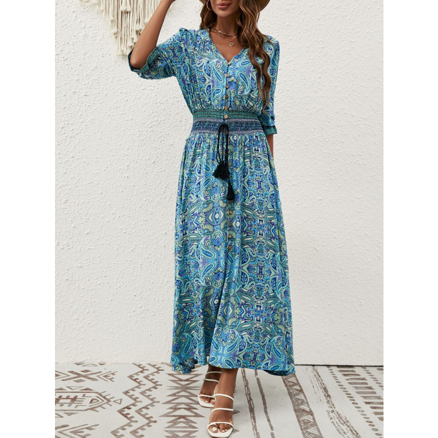 Paisley Print Half Sleeve Slit Midi Dress Apparel and Accessories