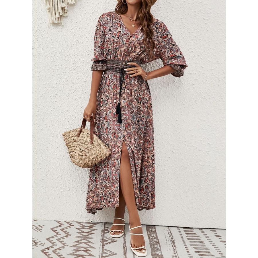 Paisley Print Half Sleeve Slit Midi Dress Apparel and Accessories