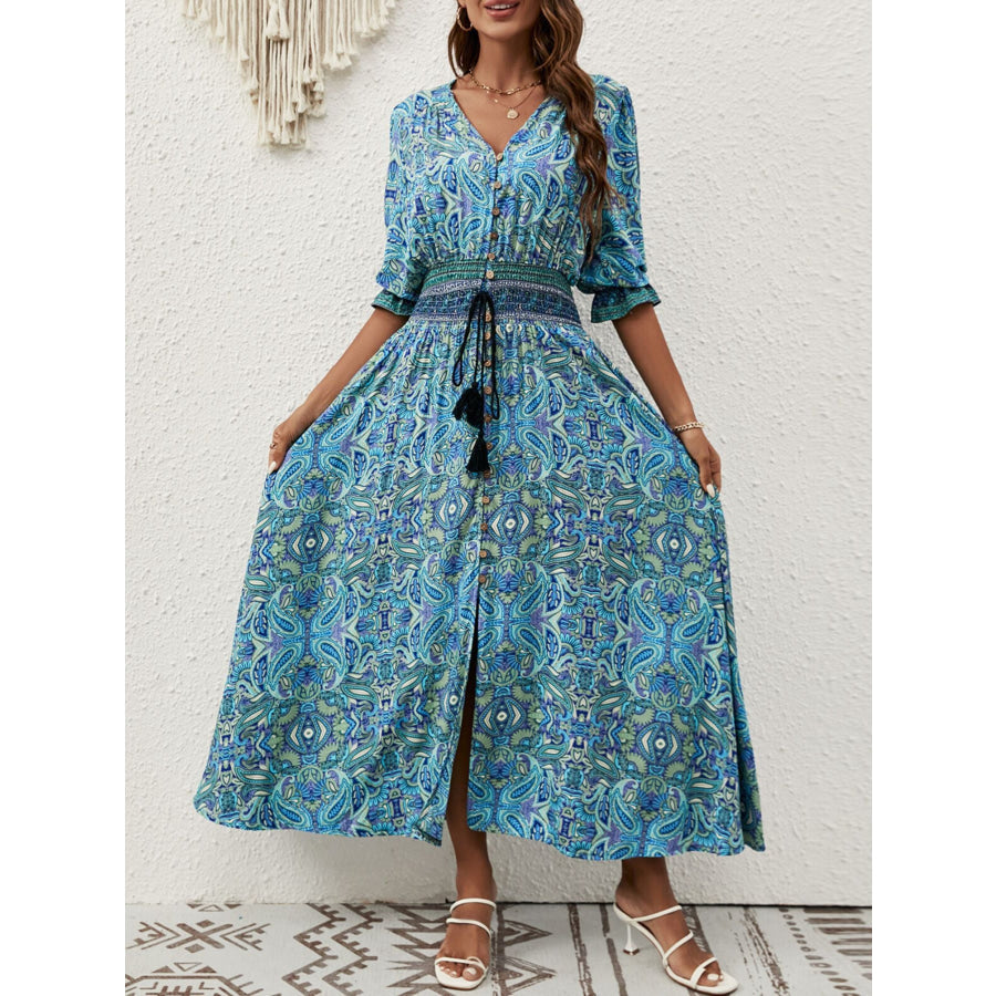 Paisley Print Half Sleeve Slit Midi Dress Apparel and Accessories