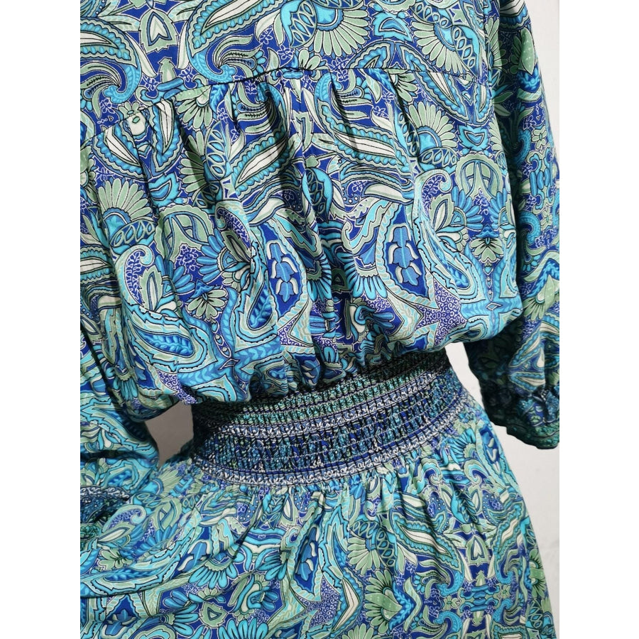 Paisley Print Half Sleeve Slit Midi Dress Apparel and Accessories