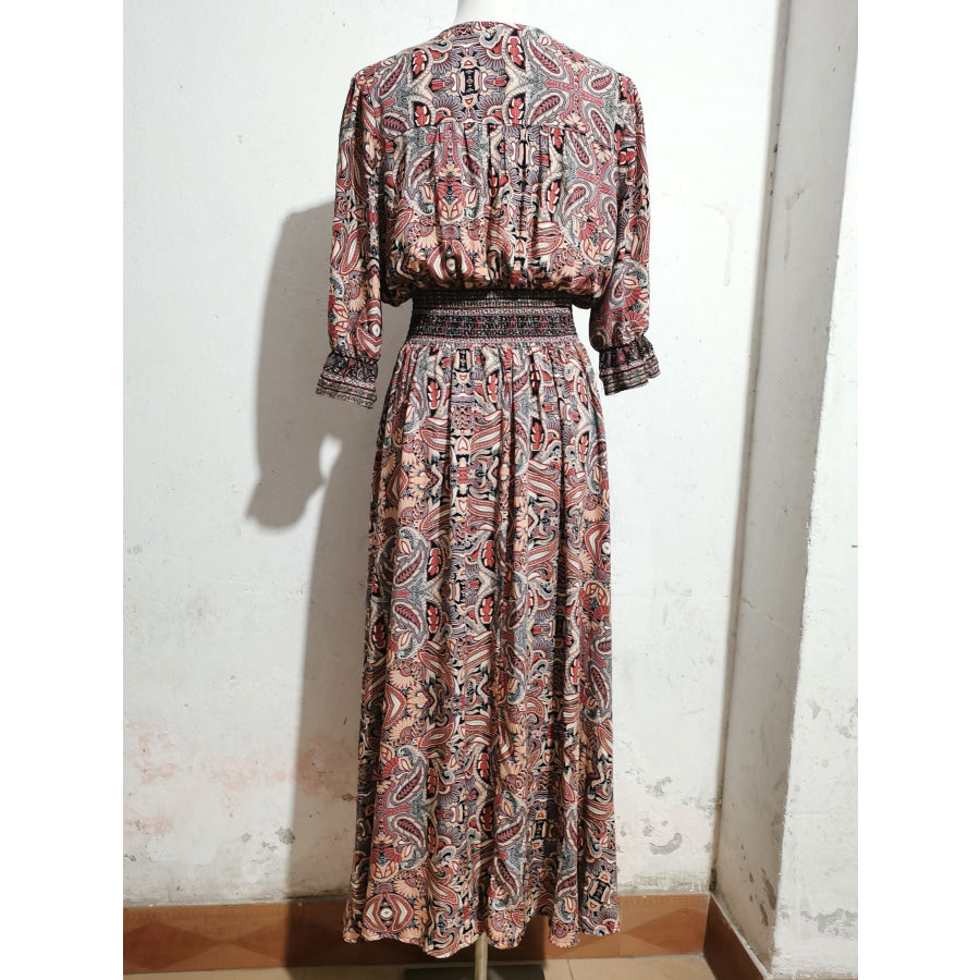 Paisley Print Half Sleeve Slit Midi Dress Apparel and Accessories