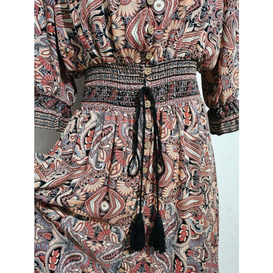 Paisley Print Half Sleeve Slit Midi Dress Apparel and Accessories