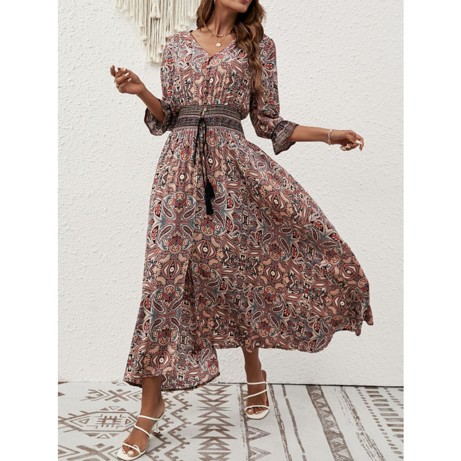Paisley Print Half Sleeve Slit Midi Dress Apparel and Accessories
