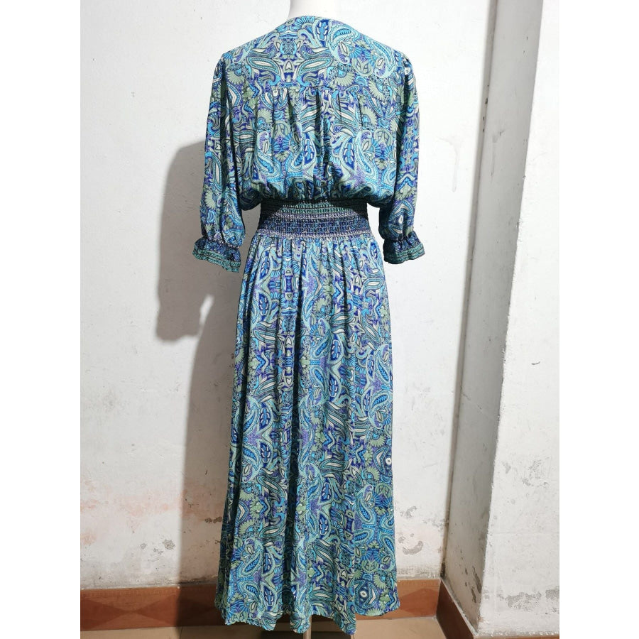 Paisley Print Half Sleeve Slit Midi Dress Apparel and Accessories