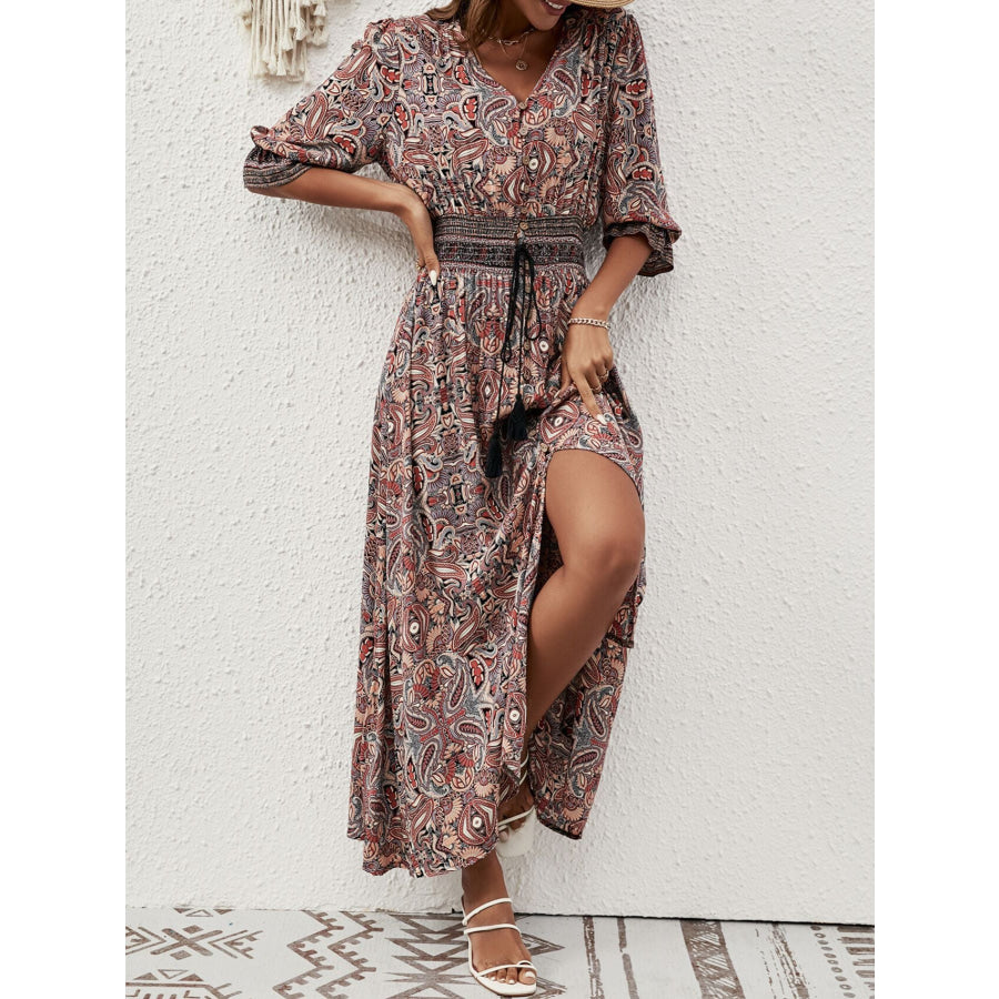 Paisley Print Half Sleeve Slit Midi Dress Reddish Brown / S Apparel and Accessories