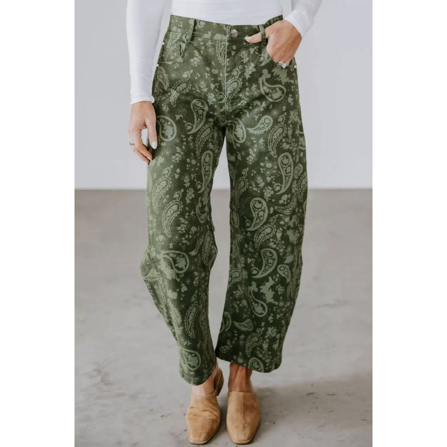 Paisley Print Harem Denim Pants Dark Green / 4 Apparel and Accessories
