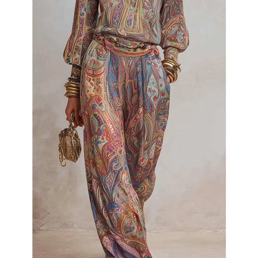Paisley Print Long Sleeve Top and Pants Set Apparel and Accessories