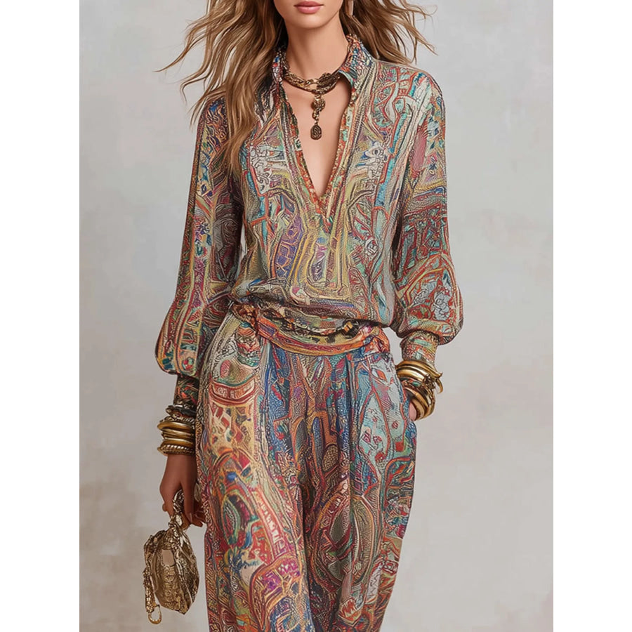 Paisley Print Long Sleeve Top and Pants Set Apparel and Accessories