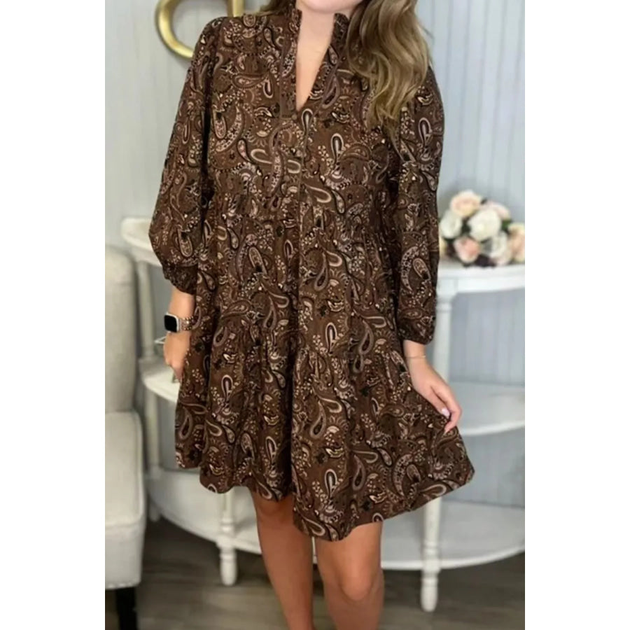 Paisley Print Notched Mini Dress Taupe / S Apparel and Accessories