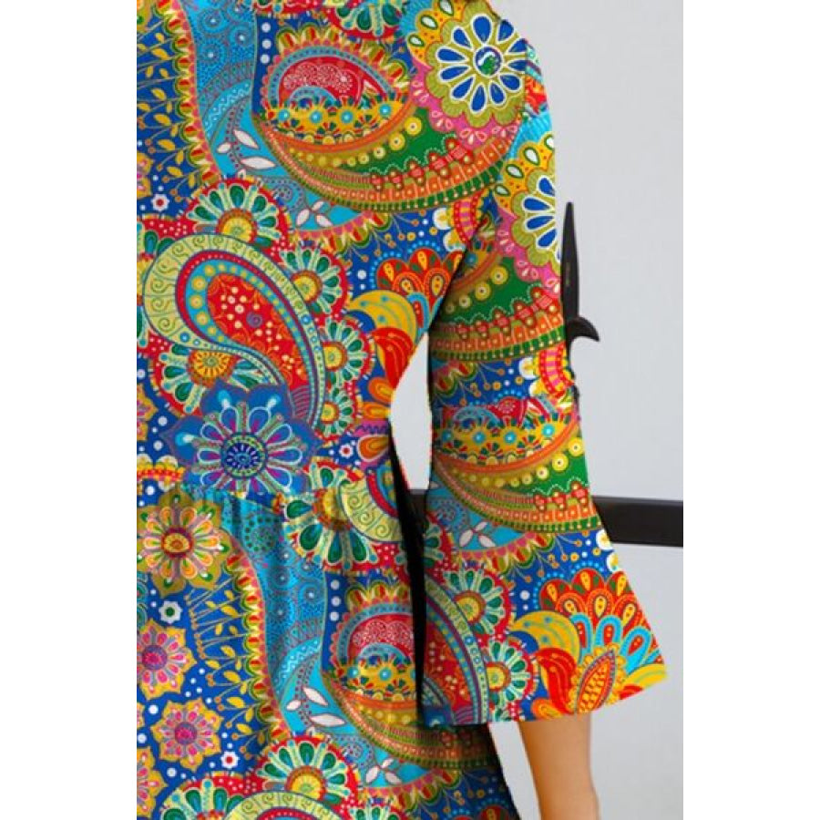 Paisley Print Round Neck Three - Quarter Sleeve Dress Apparel and Accessories